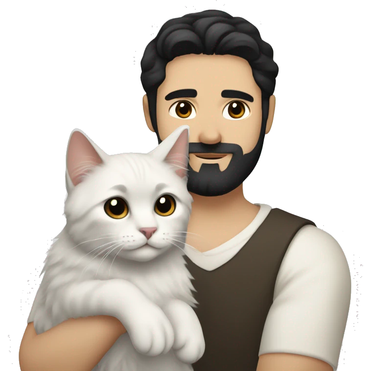 A guy with a black earing and black short hair and black beard and holding a all white Siberian cat emoji