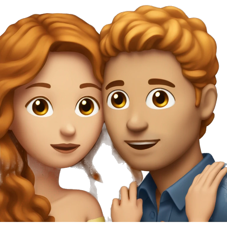 Man with brown eyes and brown hair kissing a woman with long ginger hair emoji