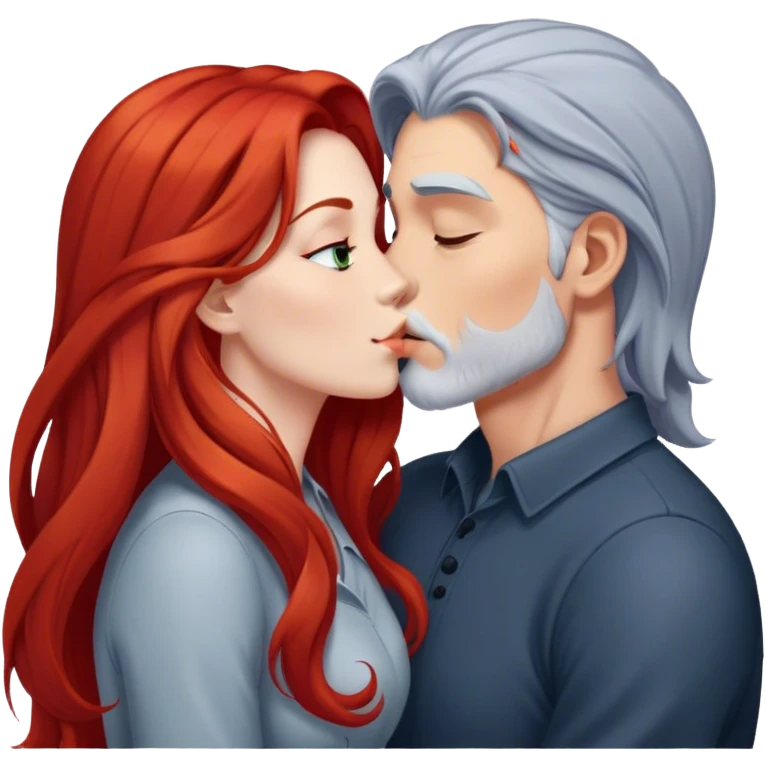 Long red hair woman and young gray hair man kissing emoji