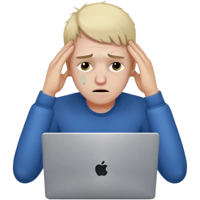 programmer holding his head, exhausted, bruises under his eyes, with a laptop emoji
