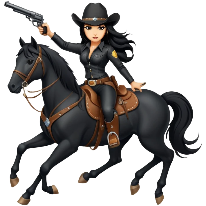badass confident hot tanned woman with long black hair cowgirl style wearing black leather outfit with gun riding horse in action pose emoji