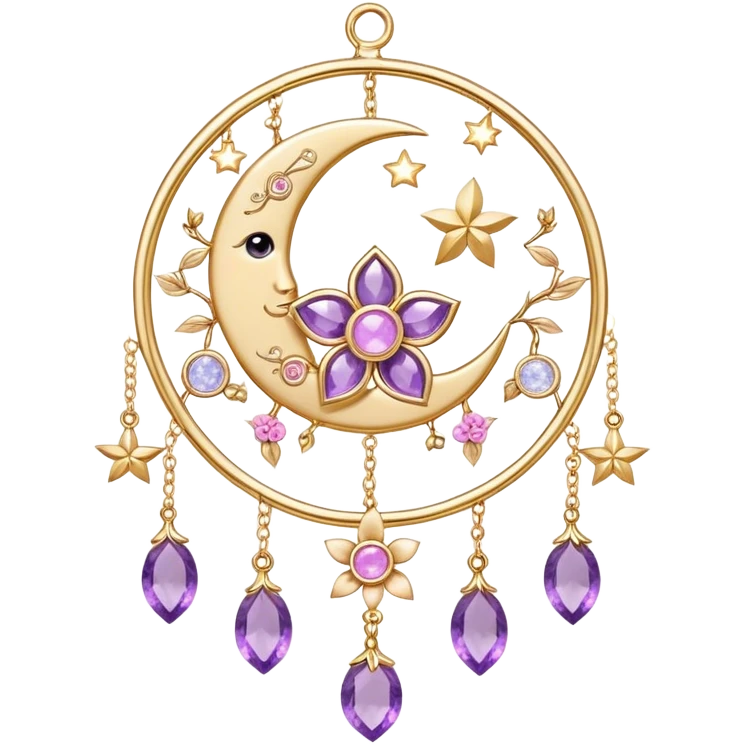Epic beautiful gorgeous cute gold suncatcher, threads with shiny sparkly amethyst and rose-quartz gemstones, flowers, moons, stars, leaves, detailed emoji