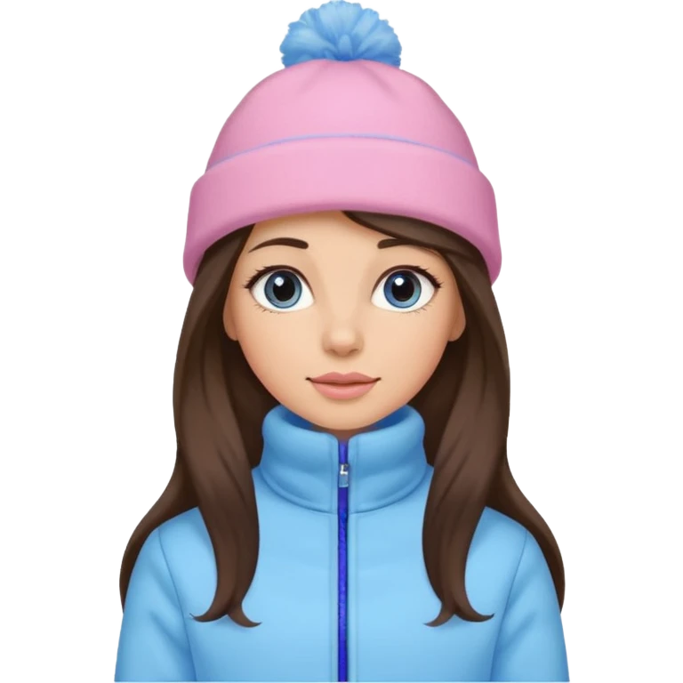 Brunette long hair lady with pink and blue pastel jacket and blue pastel winter hat emoji