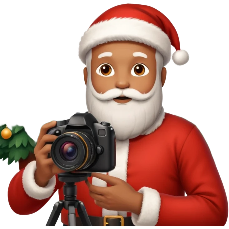 Homme photographe noir, week-end détente, équipé d’un appareil photo pro. Dans un décor Noël chaleureux, Père Noël à côté, sapin illuminé, lumières douces.  Ambiance festive, réaliste, couleurs nettes emoji
