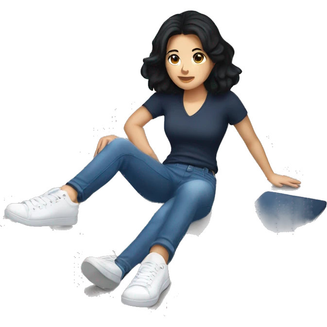 white woman with black hair, dark blue shirt and jeans, white sneakers lying on the floor emoji