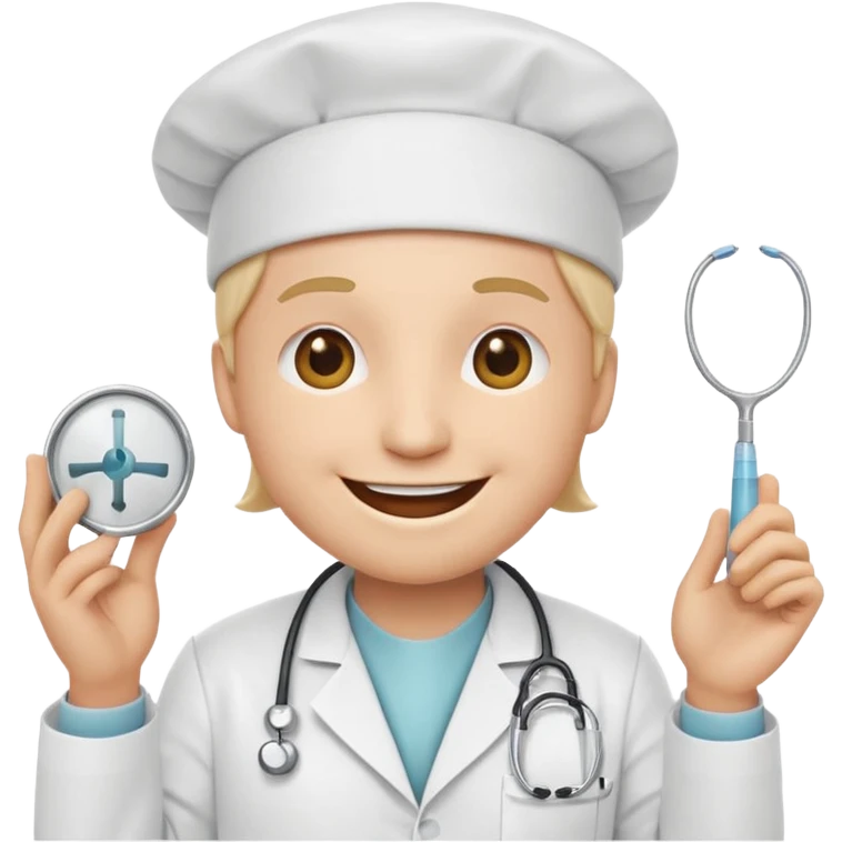 iPhone style smiley face emoji with an over exaggerated, wide smile, wearing a white doctor lab coat and white surgical cap emoji