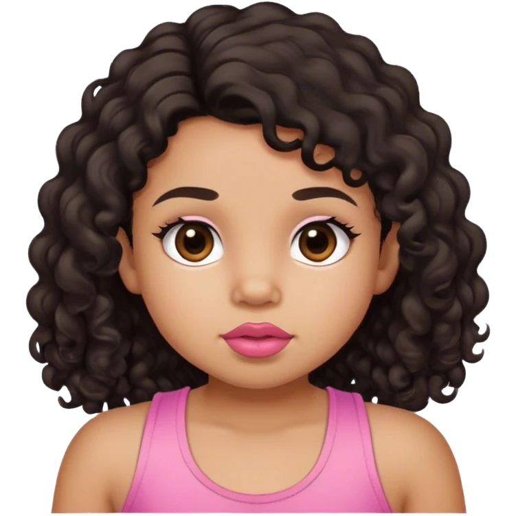 light brown skin tone, very adorable toddler, with big plump lips, long long lashes, black curly long hair, brown eyes, pink tank top emoji