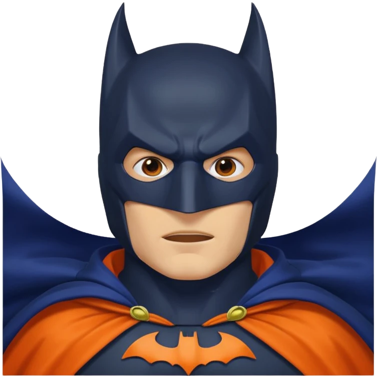 generate a batman emoji with just the face and neck showing and part of the cloak and and wings. Shade the mask in dark navy blue.  Shade the cloak in a solid vibrant orange. Shade the bat logo in a bright  olive green. emoji