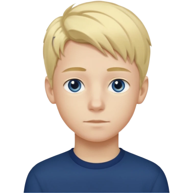 A portrait of a 14-year-old boy, he's got fair blond and yellowish ivy league hair, fair skin and blue eyes. he's wearing a dark blue longsleeve. he's calm. emoji