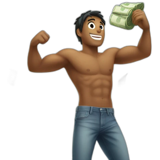 Shirtless guy dancing under raining money  emoji