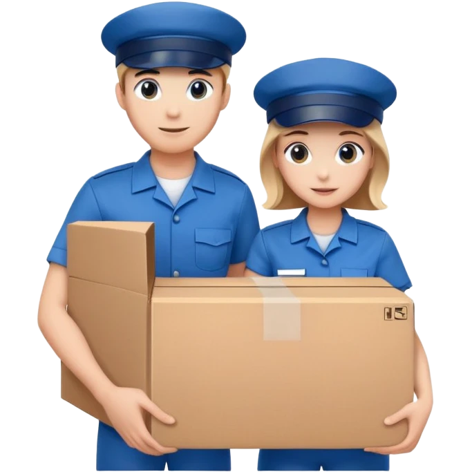 two suppliers in blue uniforms and caps holding a big box together, different pose emoji