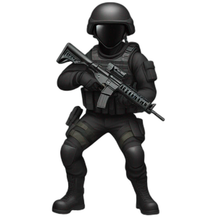 Tactical military soldier dressed in black, wearing a helmet and holding ar15helmet emoji