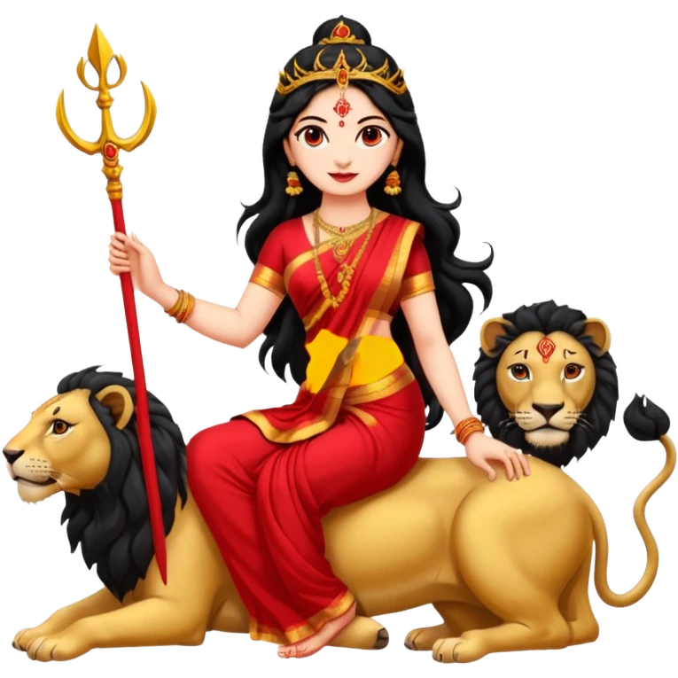 maa durga, long black hair, sitting on lion, holding trident, big bindi emoji