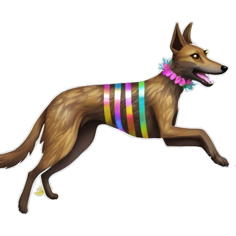  brindle brown black maroon striped lurcher Alsatian fox running blue eyes and iridescent holographic oilslick harness wearing paper iridescent tropical flower crown yellow caution tape emoji
