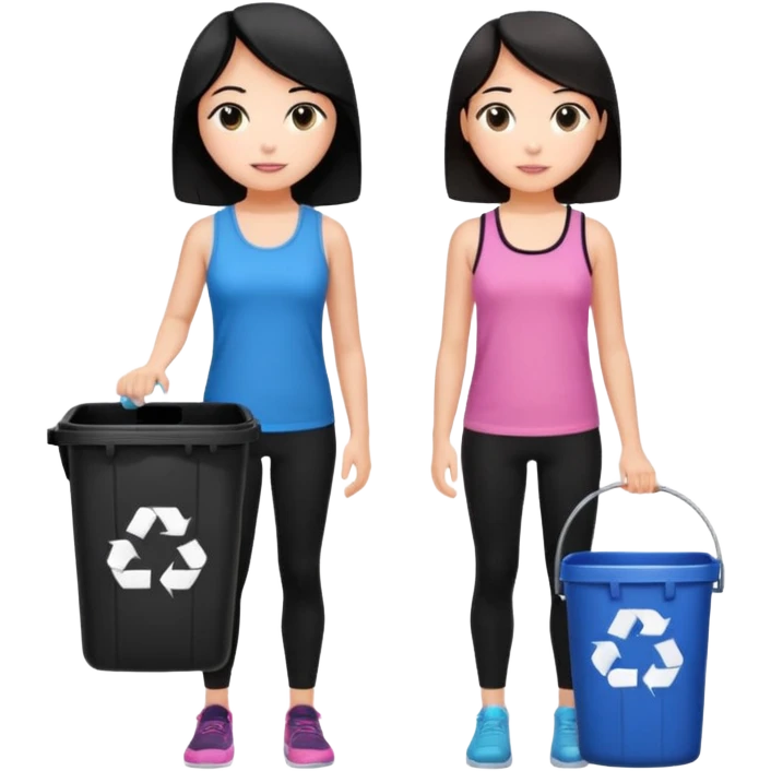 generate a genmoji of a black haired girl in a pink tank top and black leggings holding a black trash bag. Standing with her is a brunette girl in a similar blue tank top and black leggings.
Standing in front of a dustbin emoji