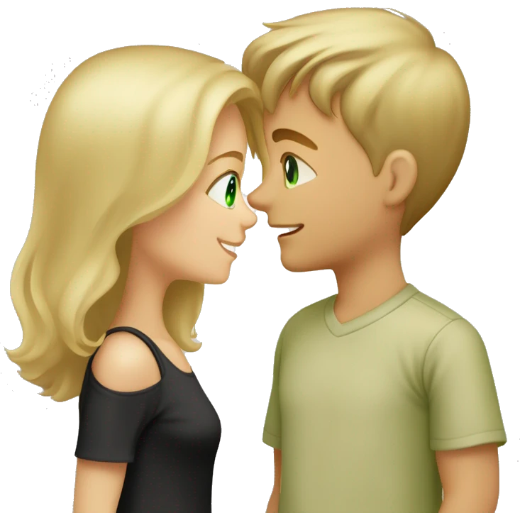 boy and girl with dirty-blond hair and light green eyes. Boy is wearing light khaki t shirt. He has a short mustache and fresh haircut. Girl is wearing off shoulders black top. They are looking at each other lovingly. Boy is taller than girl. emoji