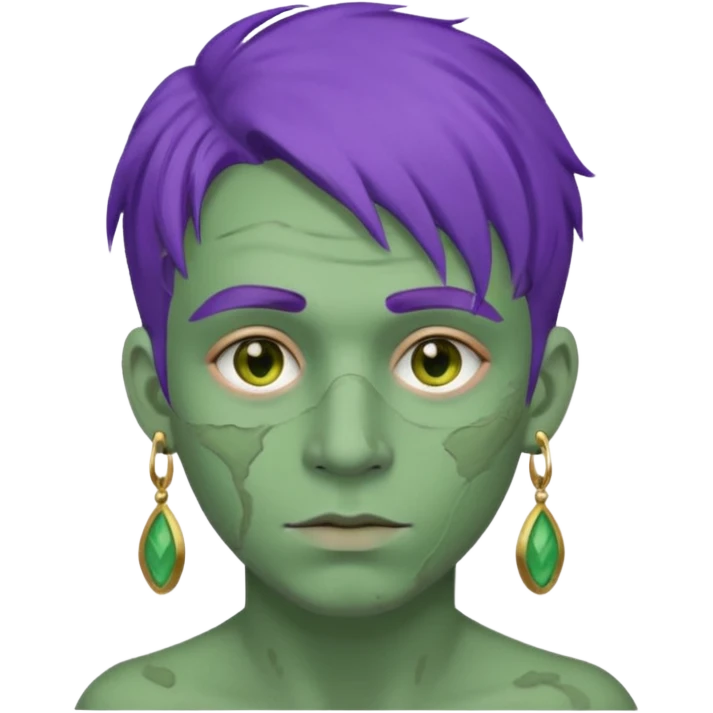 purple haired man with full full face dirty messy green clay mask and earrings emoji