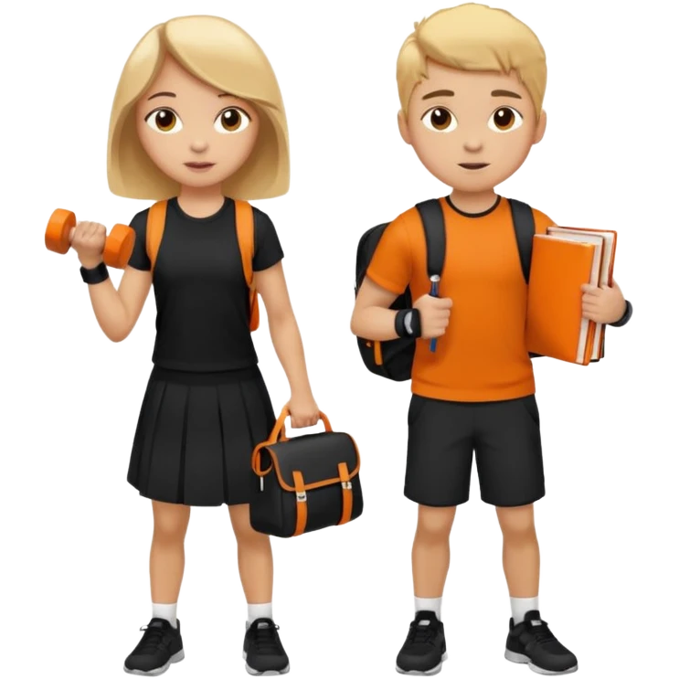 light skin students girl and boy with school bag full of books on hand and dumbell in other hand. Clothes are in black and orange colours. They are going to the gym. They have brown and blonde hair emoji