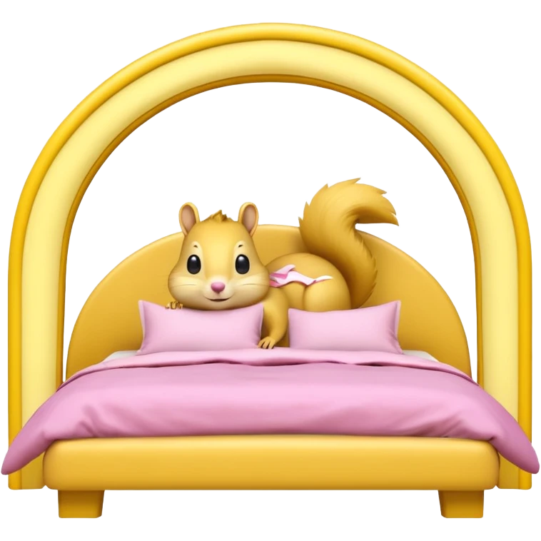 The features a bed themed as a large, cheerful, yellow squirrel. The squirrel's head forms an archway over the bed, with large black eyes, a small pink nose, and prominent white cheeks. The bed frame and arch are bright yellow with integrated yellow LED lighting running along the curves.  emoji