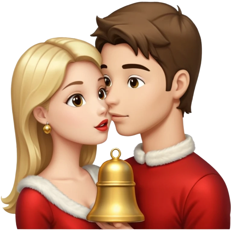 a handsome man and a pretty woman kiss Christmas bell emoji