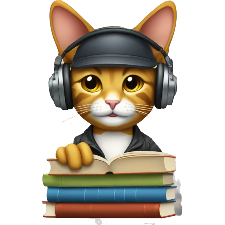 dj cat with many books and word remix emoji
