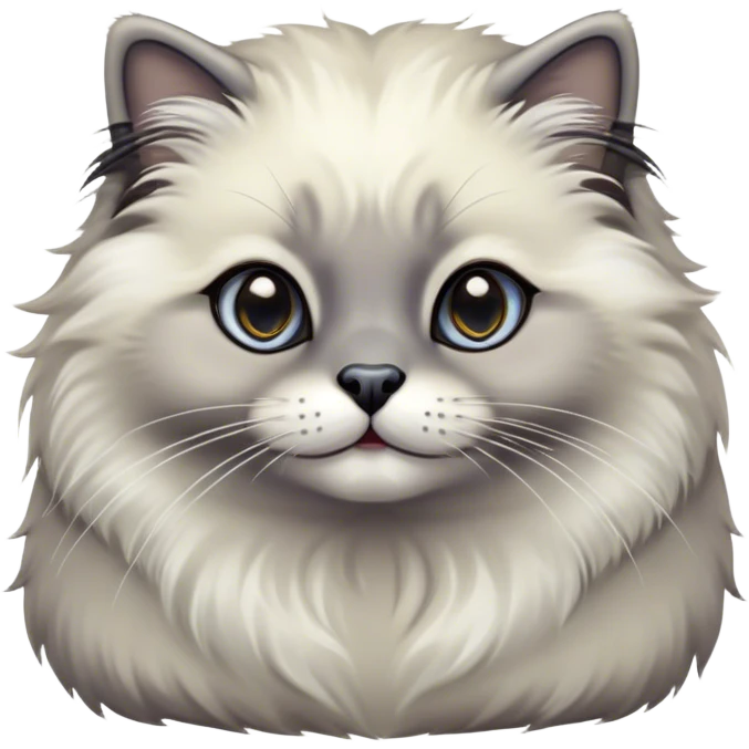 Cinematic Adorable Fluffy Grey Seal Ragdoll Cat Portrait Emoji, Head tilted cutely with big, sparkling eyes, soft grey fur with darker seal points on the ears, face, and paws, Simplified yet irresistibly adorable features, highly detailed, glowing with a soft, warm glow, high shine, affectionate and playful, stylized with a touch of whimsy, bright and endearing, soft glowing outline, capturing the essence of a curious and loving kitten, so cute it feels like it could leap out of the screen and snuggle up for a cuddle! emoji