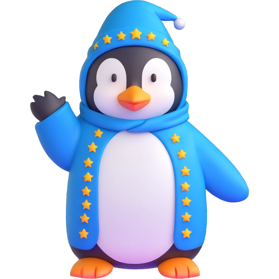 penguin wizard with a blue robe and starry hat emoji