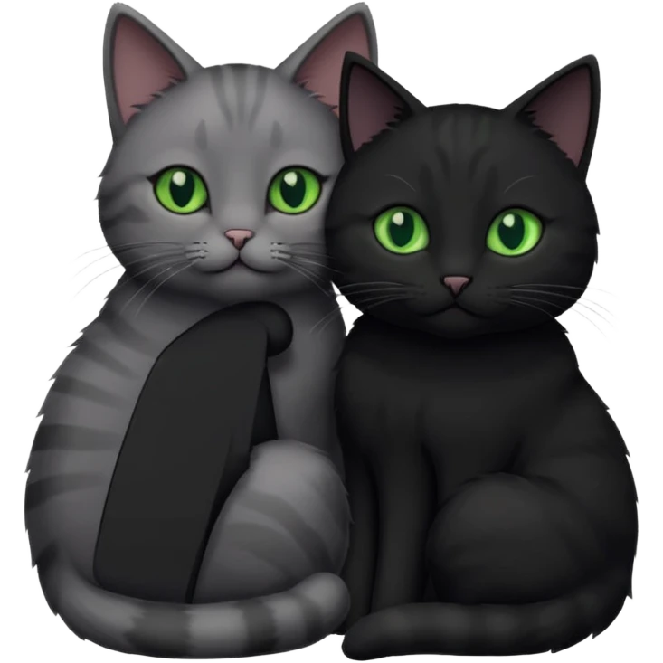 1 grey cat with green eyes and 1 black with green eyes cat cuddling emoji