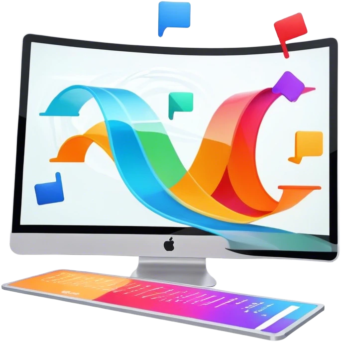 Animation and motion design. Show a computer screen with an animation timeline, moving frames, and a play button. Include motion design elements like flowing lines, curves, or rotating objects. Modern, creative colors. No emojis or smiley faces. Transparent background. emoji