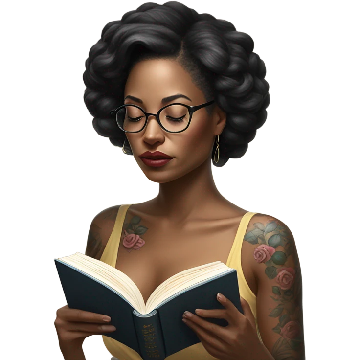 Hyper Realistic beautiful woman model with a small rose tattoo reading a book  emoji