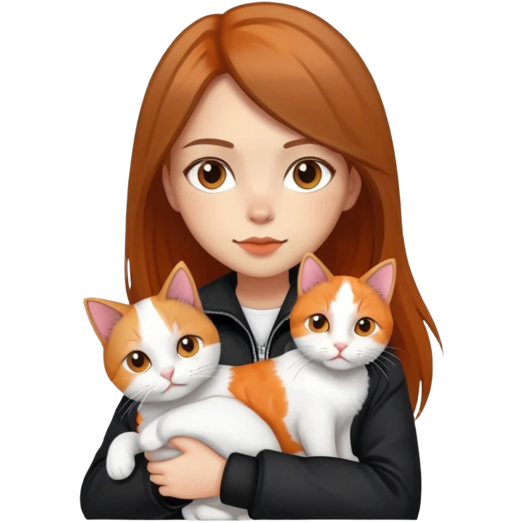 Light-skinned girl with brown straight hair wearing a black jacket, holding one pure white cat and one calico cat with orange black patches emoji