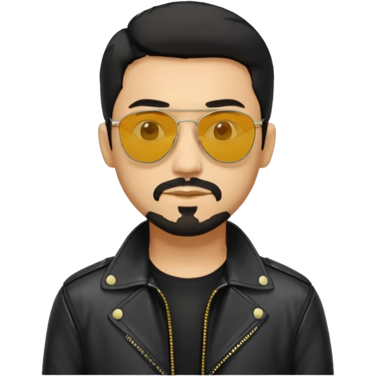 A man with middle part haircut black hair sunglasses with yellowish glasses And black jacket. Goatee short black beard emoji