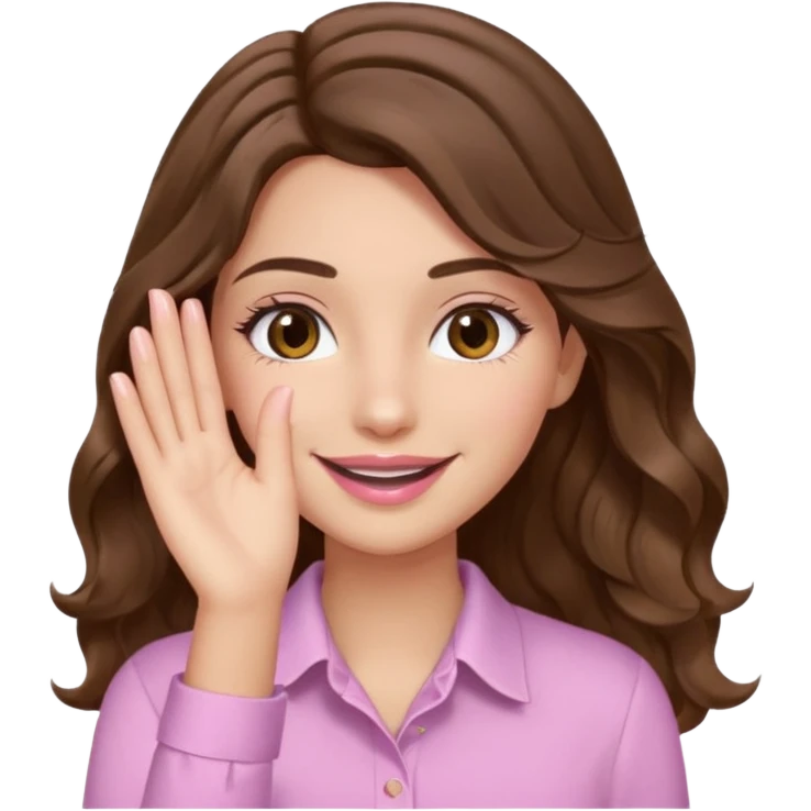 girl with wavy long brown hair, brown eyes, light to medium complexion, long lashes, light pink lipstick, wearing light pink shirt, smiling, hand covering eyes emoji