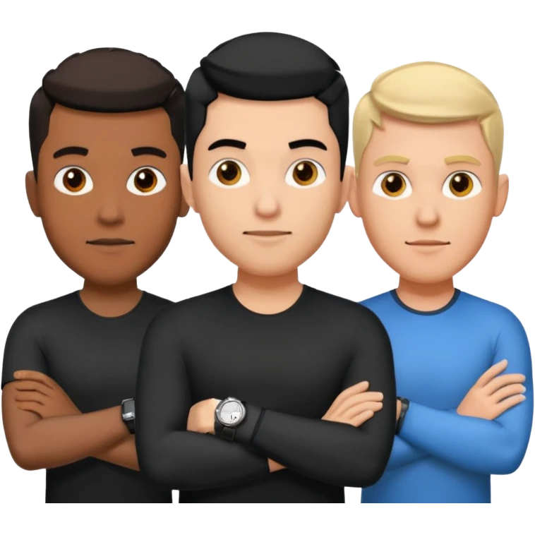 4 different men wearing black strap watches on their wrists portraits, head and shoulders only, watches clearly visible on arms, diverse face shapes and skin tones, 3D cartoon, mobile game icon style, clean background, no text, no watermark
 emoji