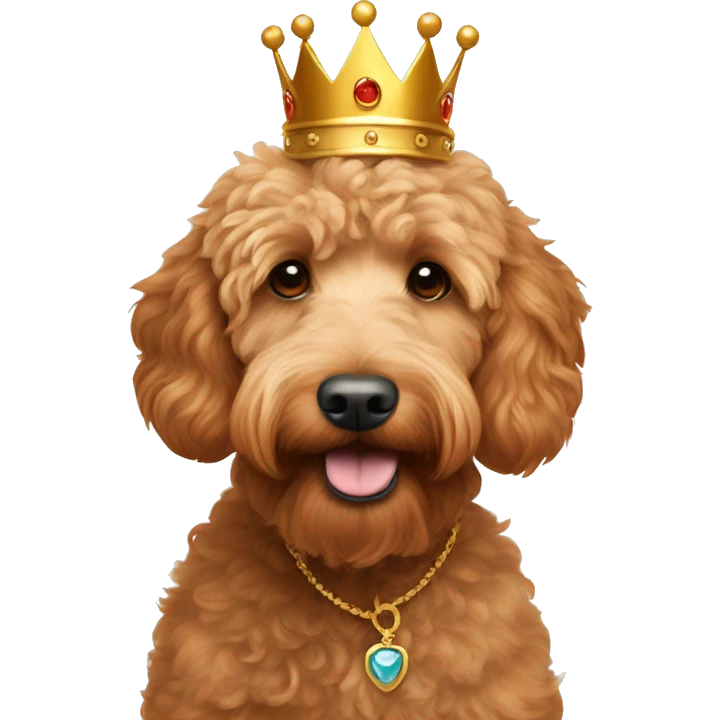 red apricot mini goldendoodle wearing golden crown emoji