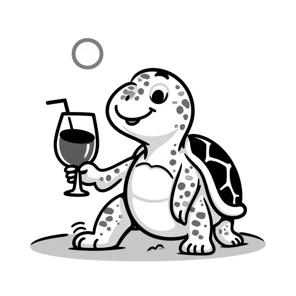 turtle sitting on the beach and drinking aperol spritz, hand drawn doodle style emoji