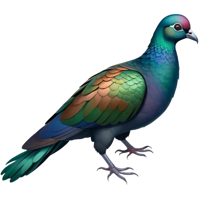 Nicobar pigeon with iridescent blue, green and copper-colored plumage, distinctive white tail emoji