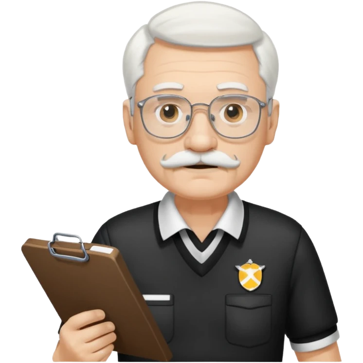 An old stern white hair and mustache, wear glasses referee with a clipboard, monitoring players closely. emoji