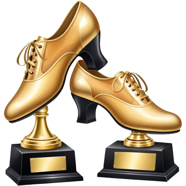 Icon for Ballroom Dancing: a pair of ballroom shoes, a dance floor with lighting, and a decorative dance trophy. The icon should represent the elegance and rhythm of ballroom dance through its key symbols. Transparent background. emoji
