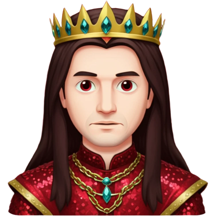 Vlad Tepes with long dark brown hair, dark red sequin outfit emoji