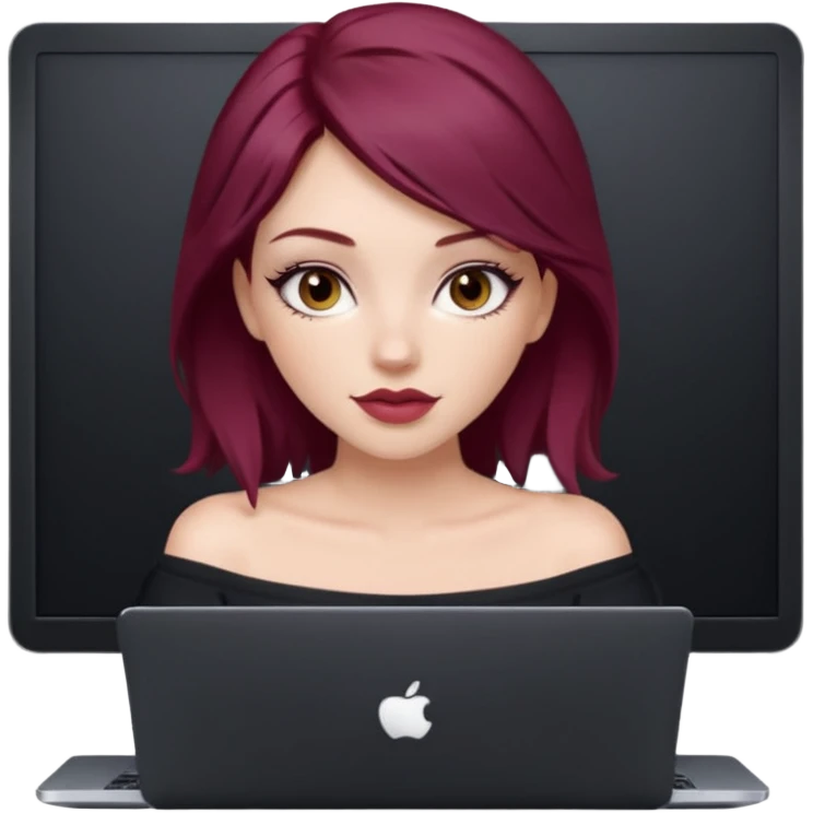 white girl, long blow-out style with middle part, burgundy hair, brown eyes, long eyelashes, full lips, off the shoulder black fitted top, laptop in front  emoji