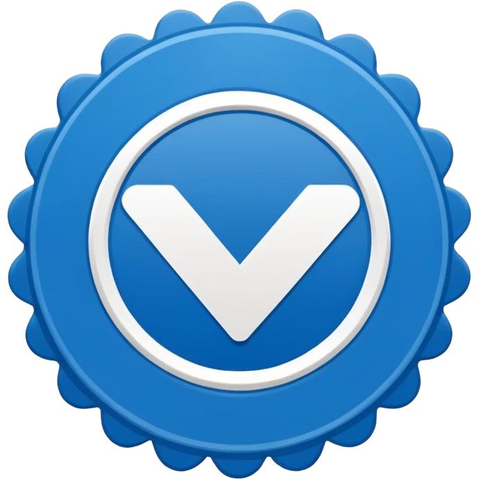 Flat blue verification badge emoji, scalloped circular shape, bold white checkmark in center, clean vector style, no text, no gradient, transparent background, emoji icon. emoji