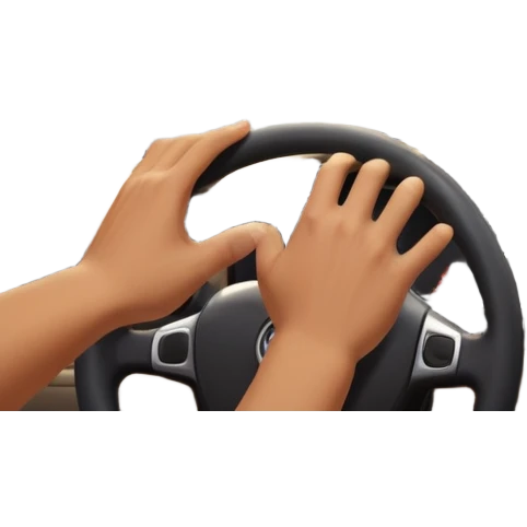 A person stands outside of to a car parked on the side of a long, open road. The sky ahead is clear and glowing, full of possibilities. One hand is on the steering wheel, the other points forward. The rearview mirror reflects storm clouds, but the windshield shows sunlit mountains ahead.  emoji
