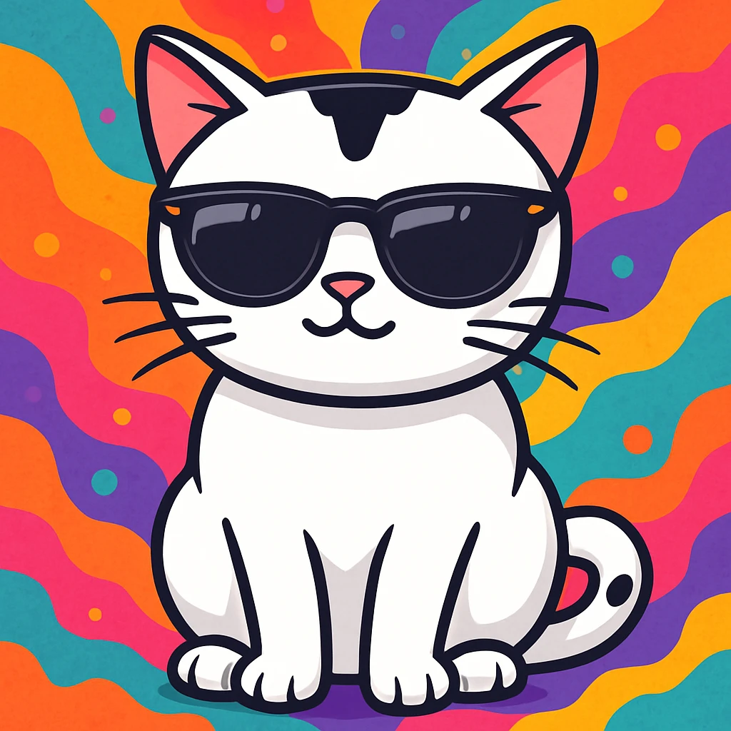 Add a vibrant, colorful background behind the cat wearing sunglasses, keeping the sticker style look and feel. emoji