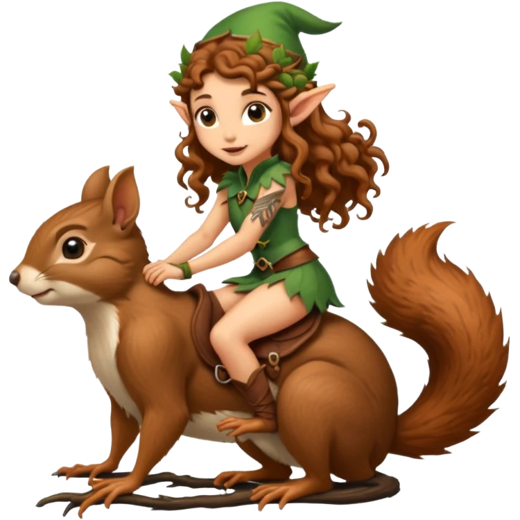 tiny forest elf long curly brown hair tattoos riding squirrel emoji