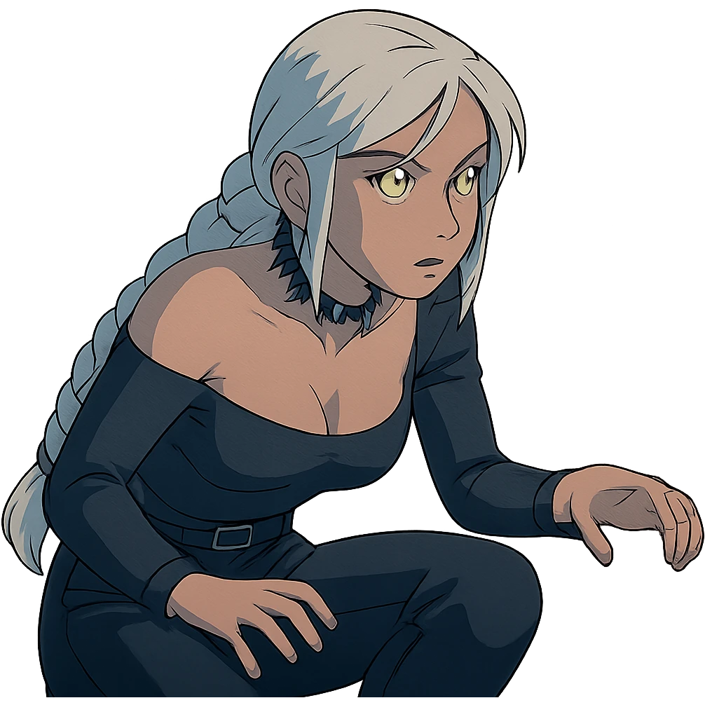  she is sneaking, scooby doo style, a closeup portrait of young woman with gold yellow eyes, white hair, long braid, black off-shoulder top d-cup, punk gothic style, futuristic cyberwave cyberpunk, sitting position
 emoji