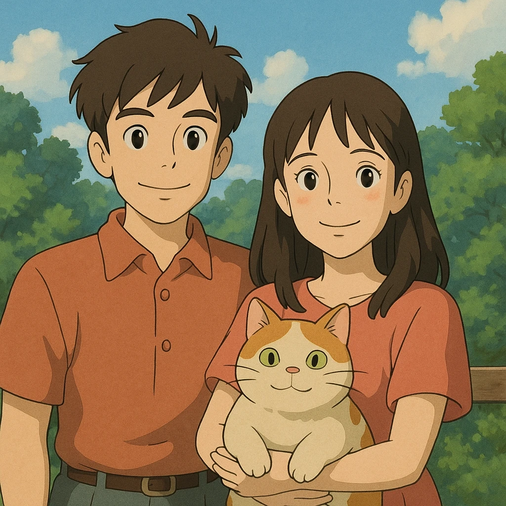 couple with pet posing for photo emoji