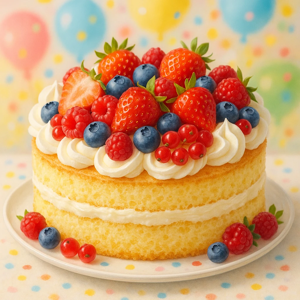 festive cake with cream and berries, airy, joyful style emoji