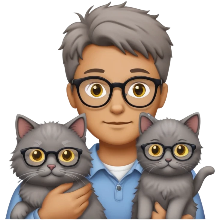a tan-skinned man with glasses holding a gray fluffy cat with small yellow eyes emoji