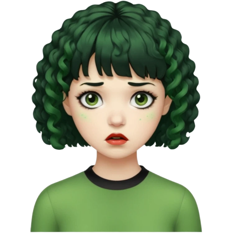 quero que você cria uma mulher, o rosto dela. nela, ela tem cabelo curto e ondulado, tem franja e ela tem semblante triste, deixe ela com pele verde e com cabelo cacheado( ela tem que ter semblante assustador e muito triste, ela pode ter olhos totalmente preto ou vermelho) emoji